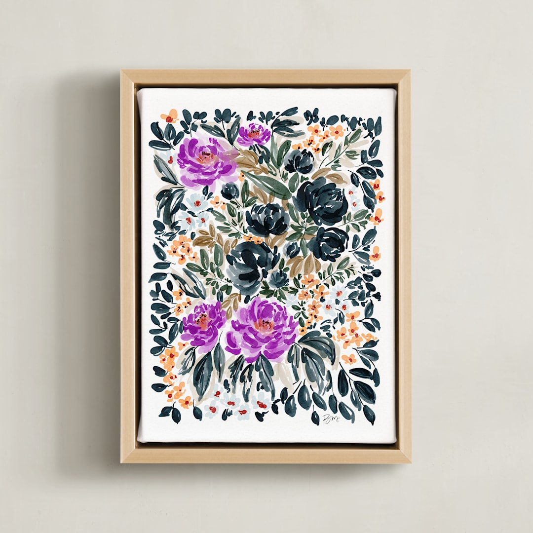 "Garden Dance" - Art Print in Purple Petals by Britt Mills - Framed Canvas
