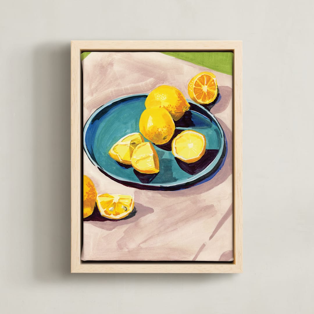 "Lemons On A Blue Plate" - Art Print in Teal by Lisa Travis - Framed Canvas