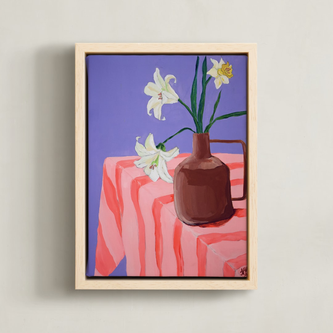 "Therese's Flowers" - Art Print in Summer Coral by Nicole Simms - Framed Canvas