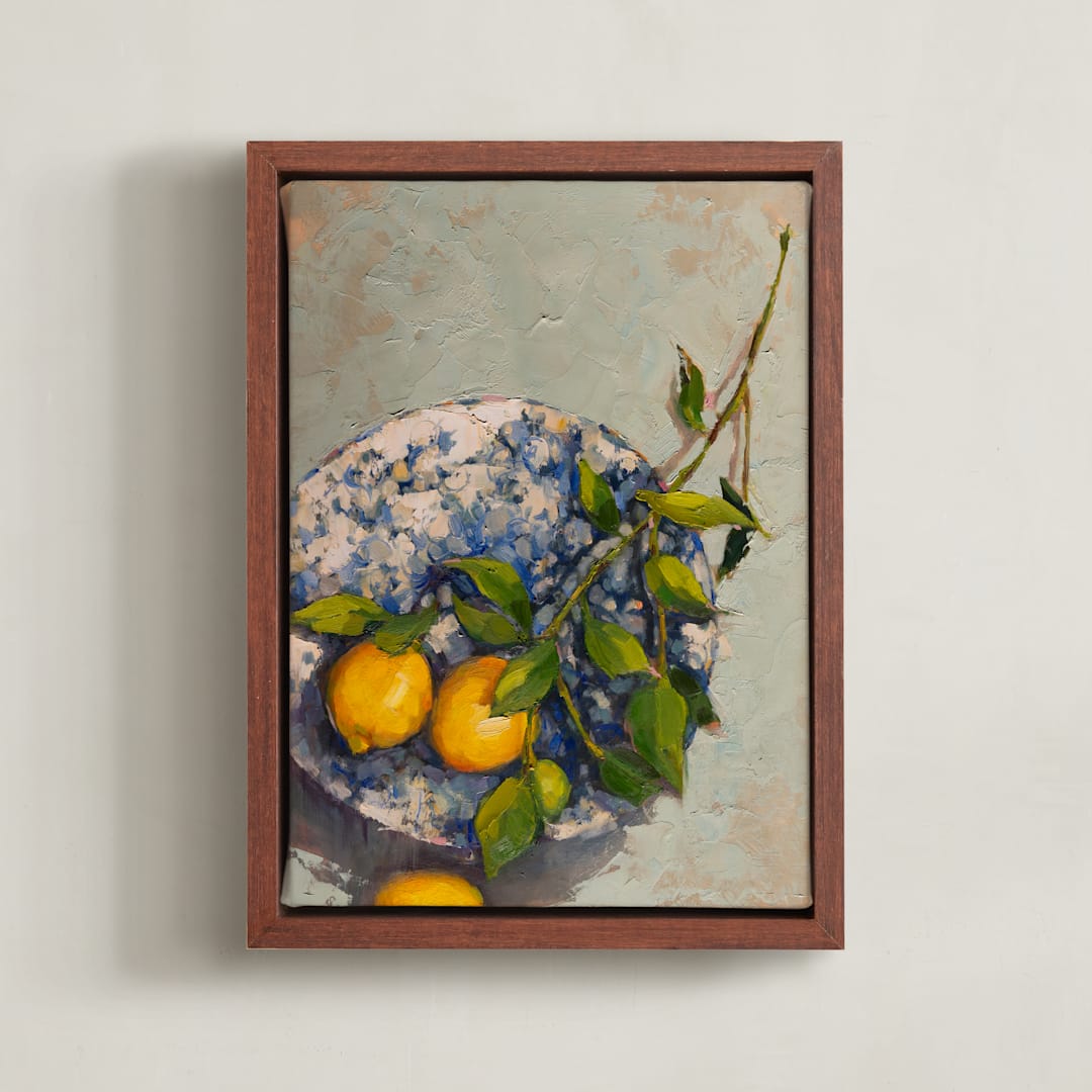 "Lemons on a Plate" - Art Print in Golden by Wendy Keller - Framed Canvas