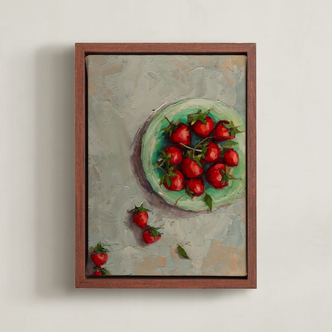 "Strawberries on a Plate" - Art Print in Crimson by Wendy Keller - Framed Canvas