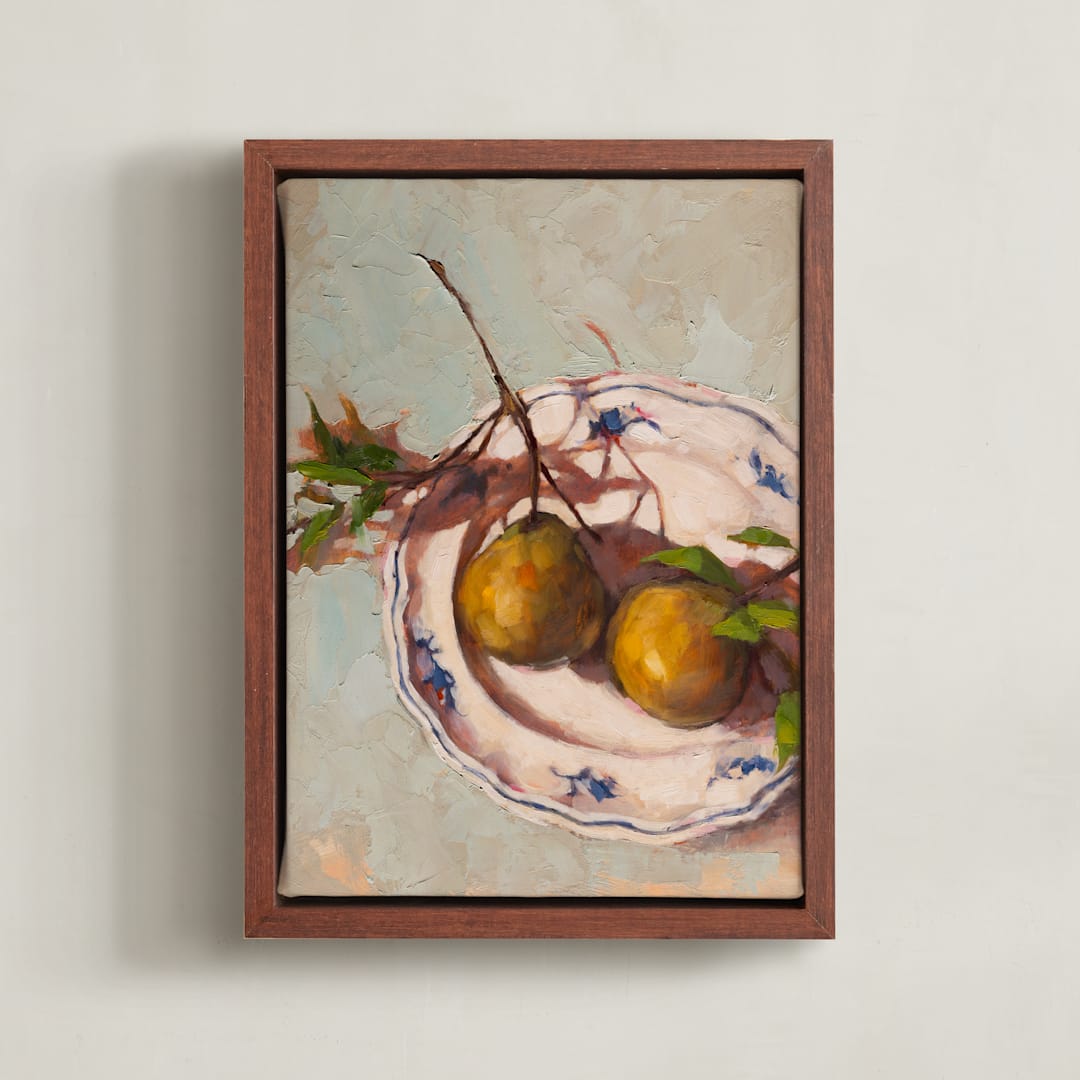 "Pears on a Plate" - Art Print in Mustard Olive by Wendy Keller - Framed Canvas