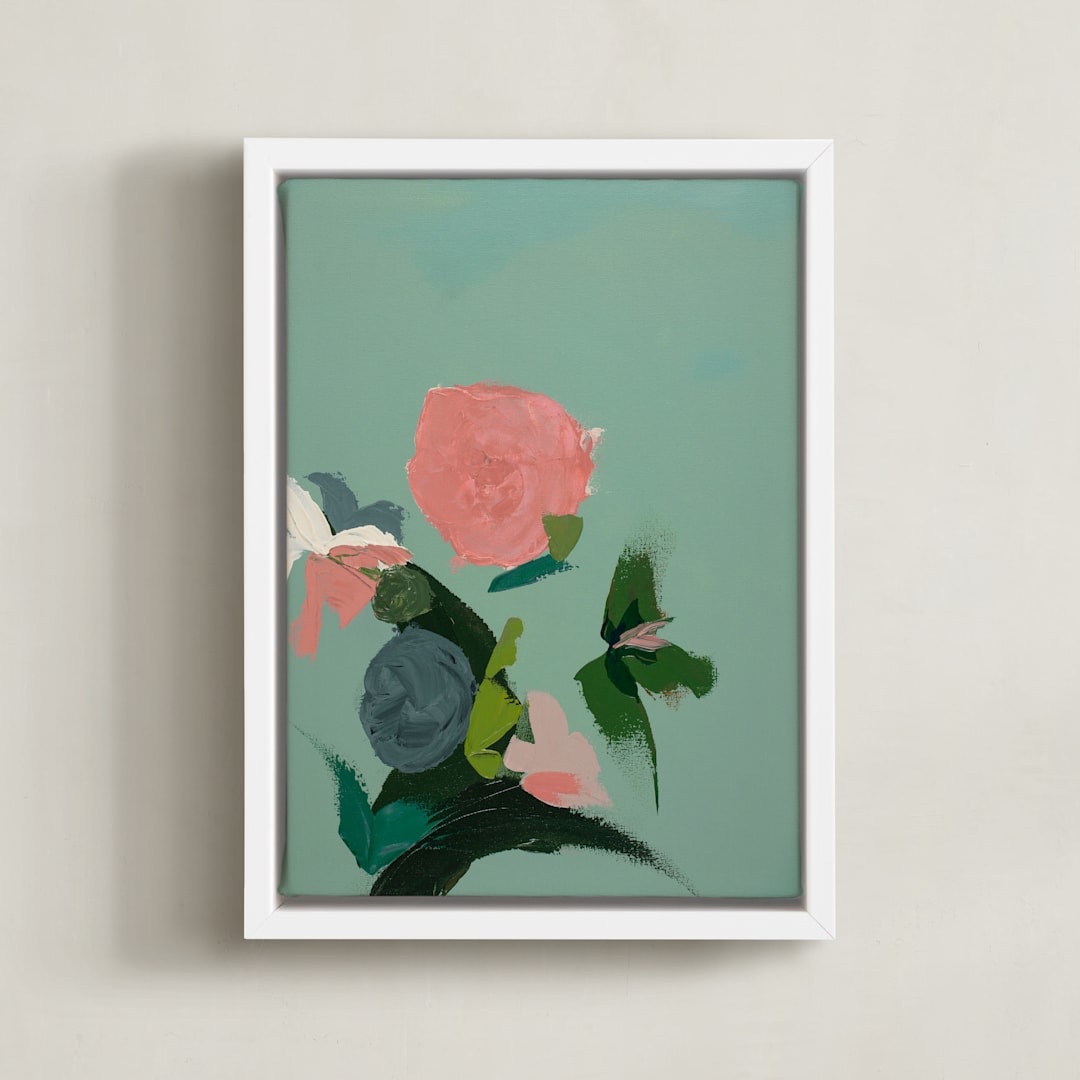 "Pink and Green Garden Abstract" - Art Print in Dark mint green by Caryn Owen - Framed Canvas