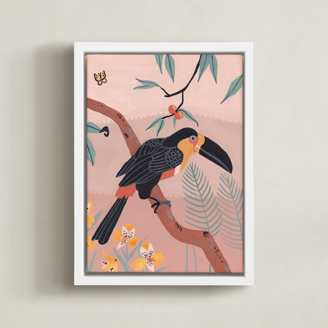 "Tropic Toucan II" - Art Print in Pink Bisque by Stefanie Lane - Framed Canvas