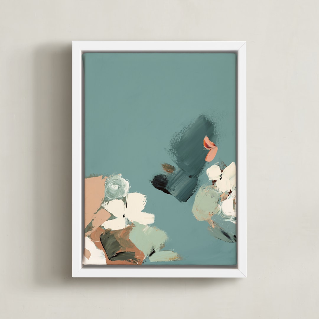 "Cool Tone Abstract Botanical I" - Art Print in Smokey Turquoise by Caryn Owen - Framed Canvas