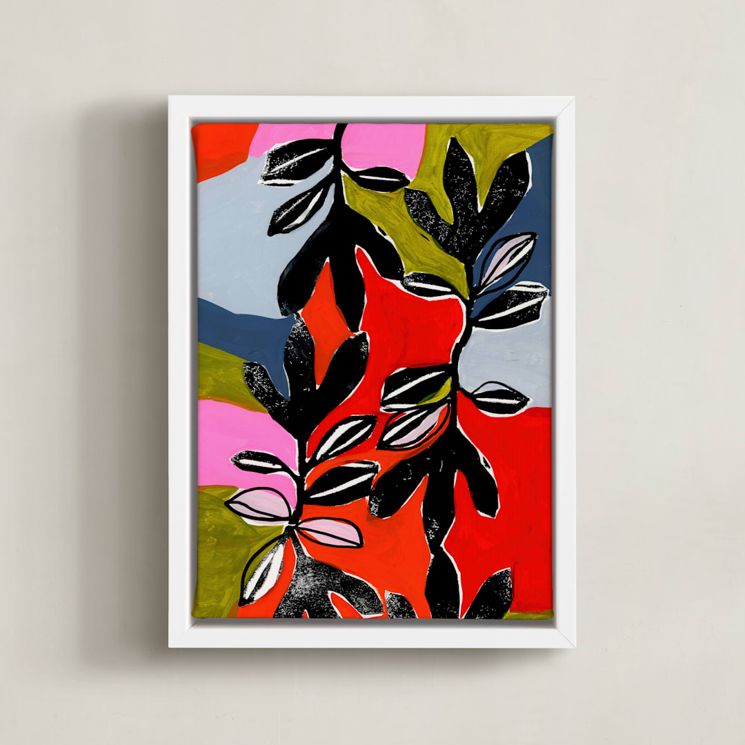 "Stained Glass and Ivy" - Art Print in Orange Fuchsia by Deborah Velasquez - Framed Canvas