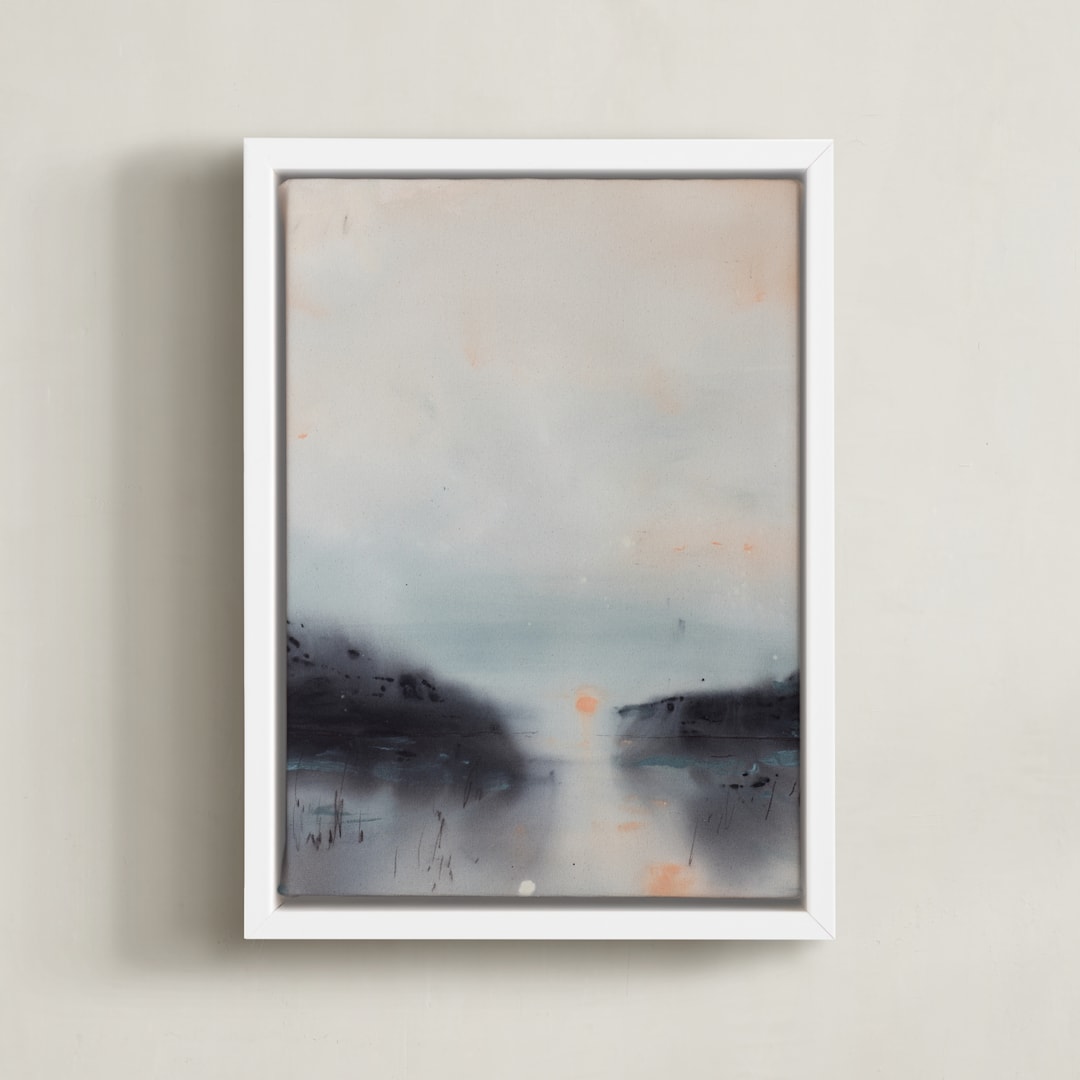 "Canal at Sunrise" - Art Print in Sea Mist by Christa Kimble - Framed Canvas