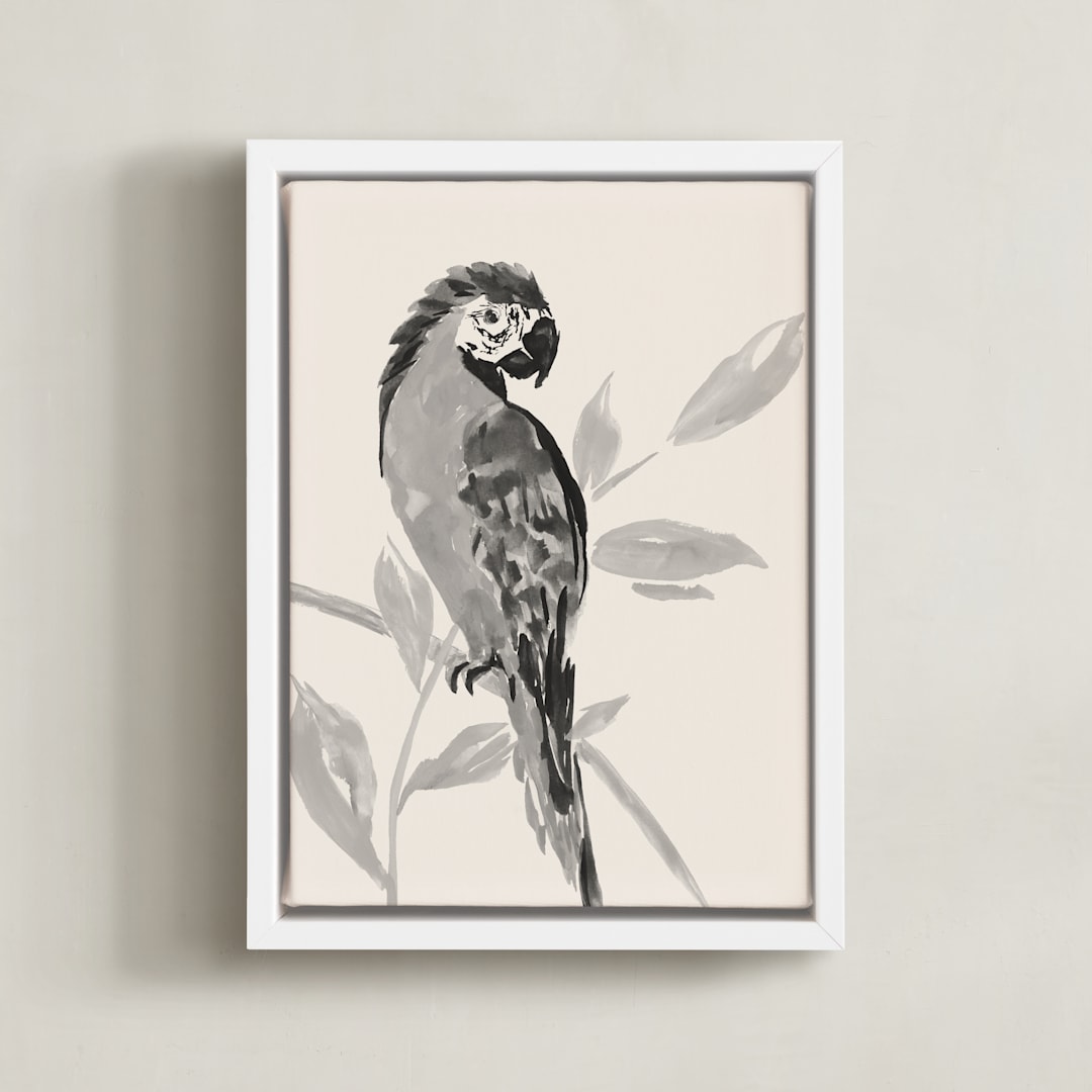"Tropical Birds I" - Art Print in Sand by Teju Reval - Framed Canvas