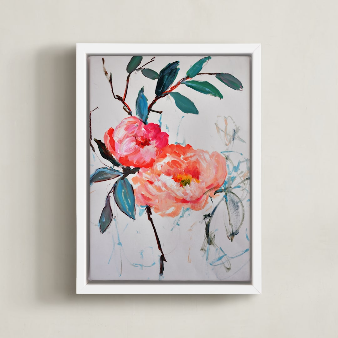 "Peony Duet" - Art Print in Hot Coral by Sonal Nathwani - Framed Canvas