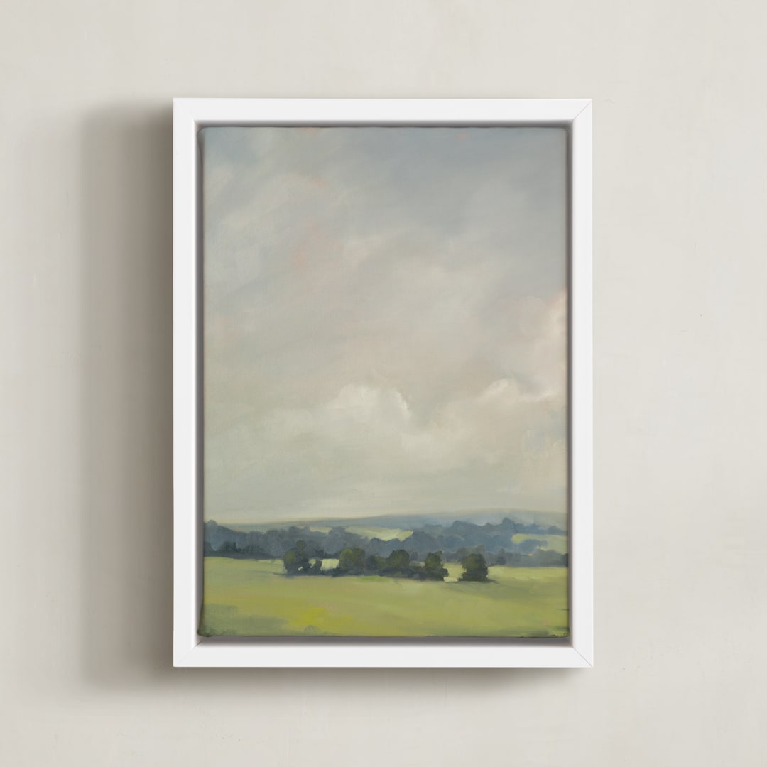 "Rosy Tomorrow I" - Art Print in Grey Blue by Stephanie Goos Johnson - Framed Canvas