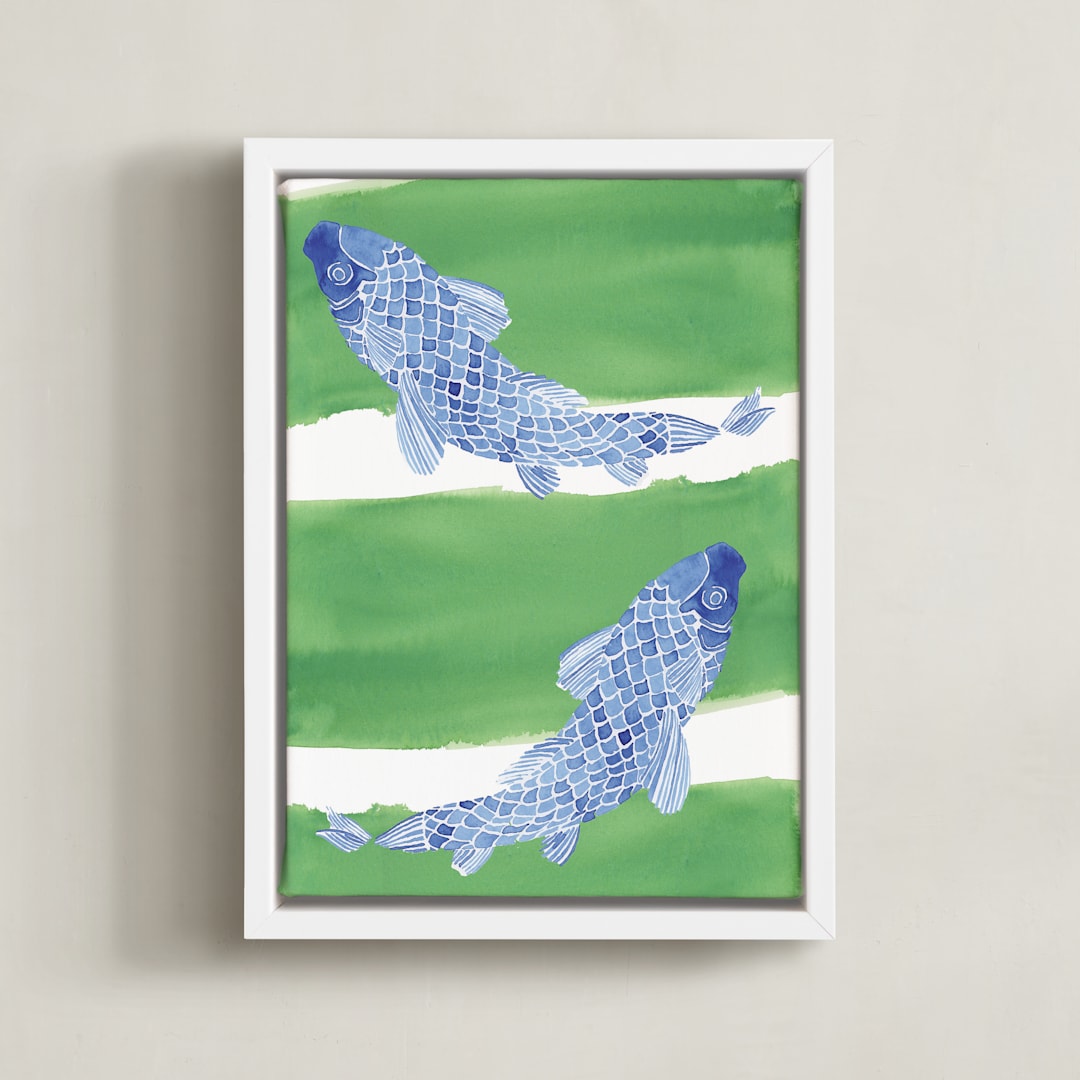 "Swimming Carp" - Art Print in Green Grass  by Emily Bremner Forbes - Framed Canvas