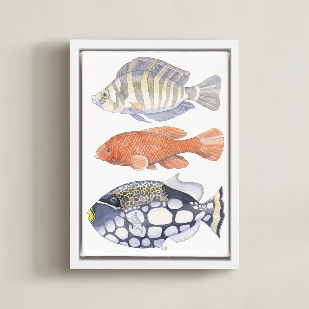 "Three Fish" - Art Print in tangerine by Natalie Groves - Framed Canvas
