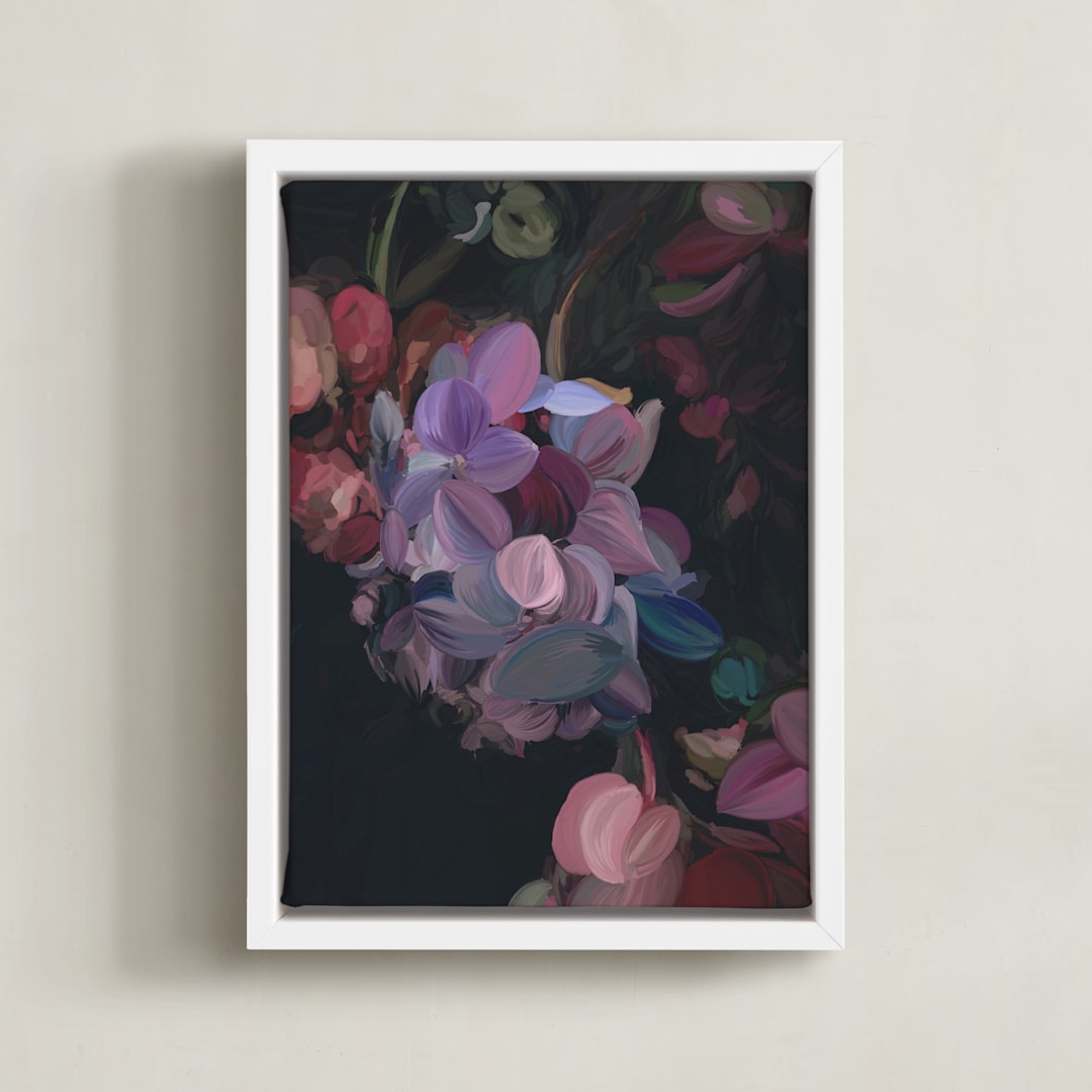 "Midnight Petals" - Art Print in Midnight Plum by Amy Hall - Framed Canvas