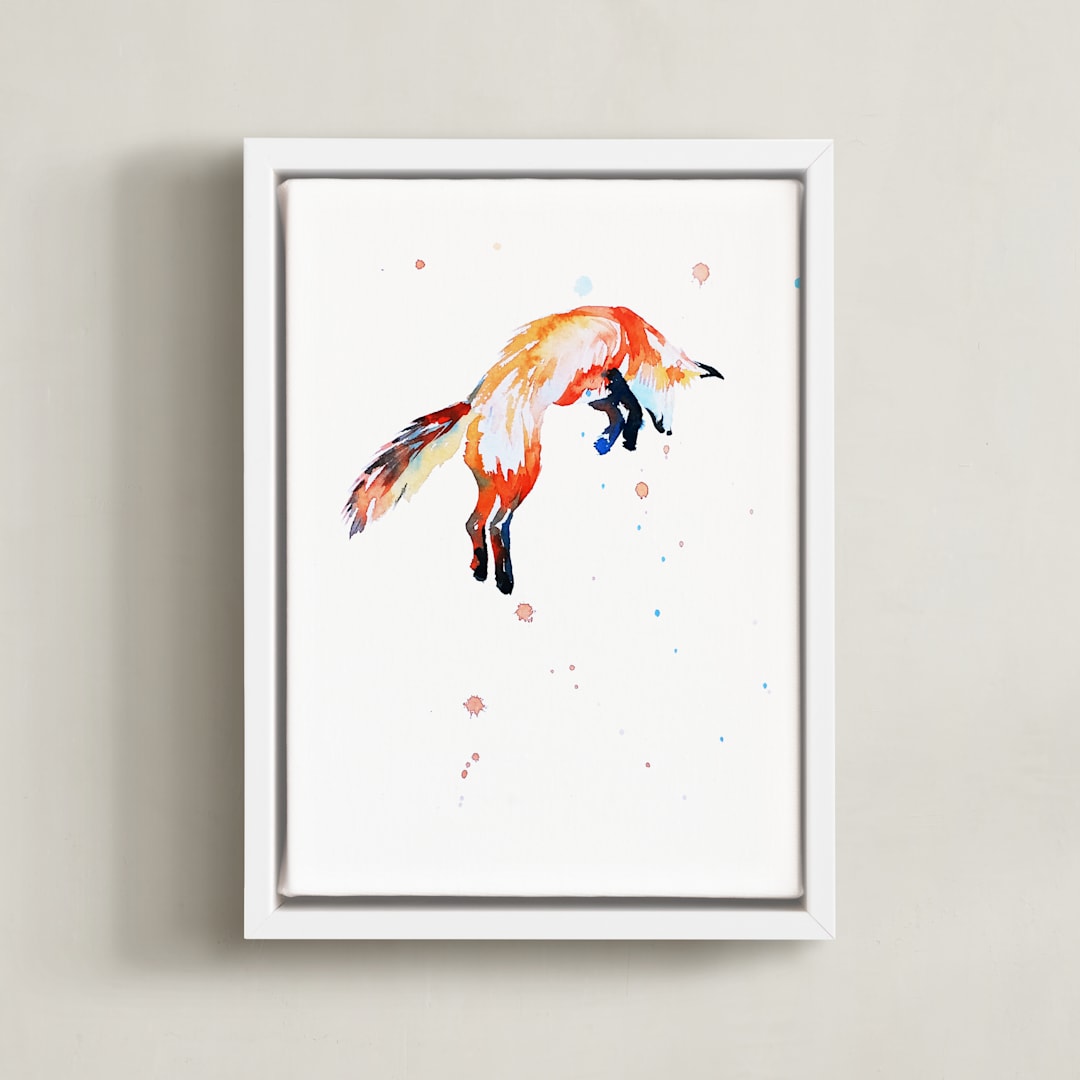 "Fox Jump" - Art Print in white by Isobel James - Framed Canvas