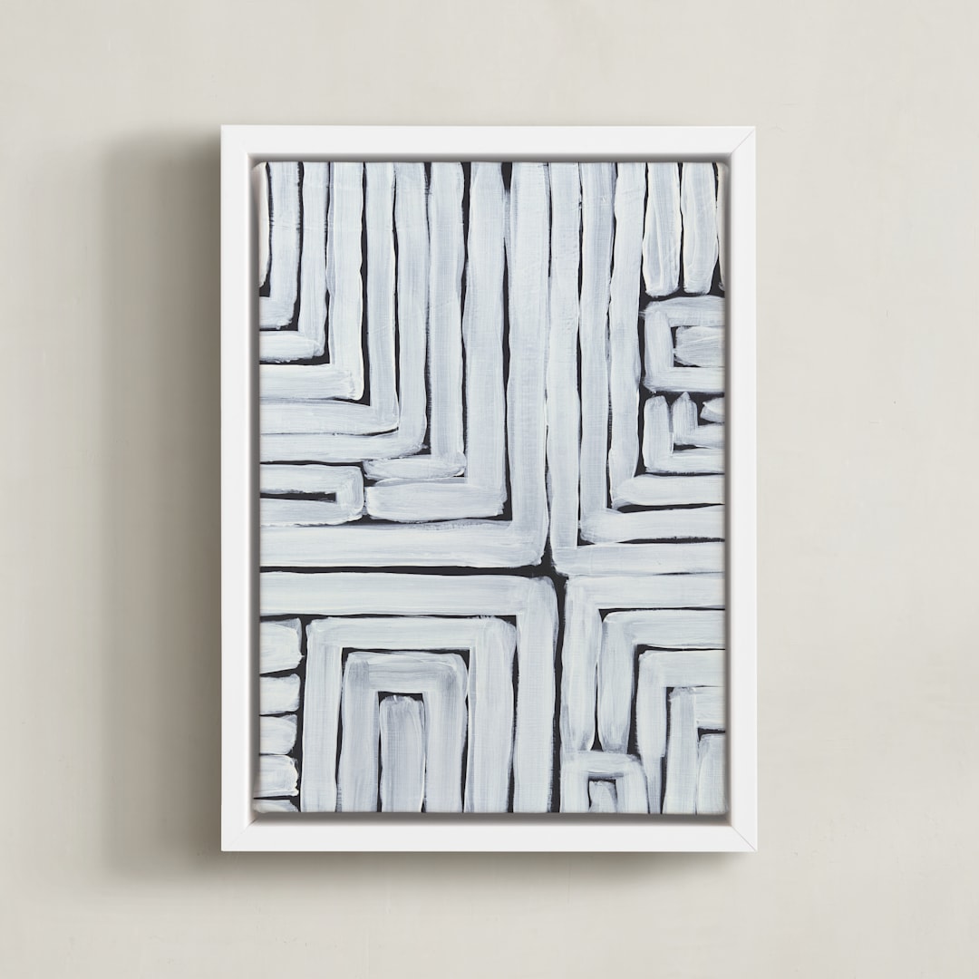 "GPS White Stripes and Black Lines" - Art Print in Black and White by Lauren Rutley - Framed Canvas
