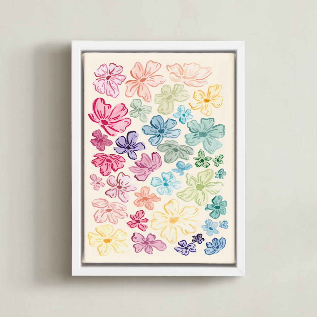 "A Rainbow of Flowers" - Art Print in Pale Sunshine by The Scribblist - Framed Canvas