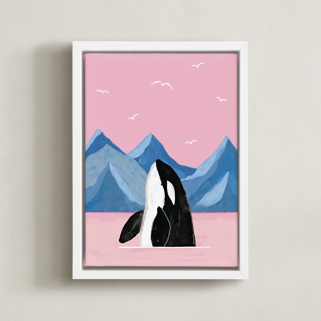 "pink sea and orca" - Art Print in bublegum by Cass Loh - Framed Canvas