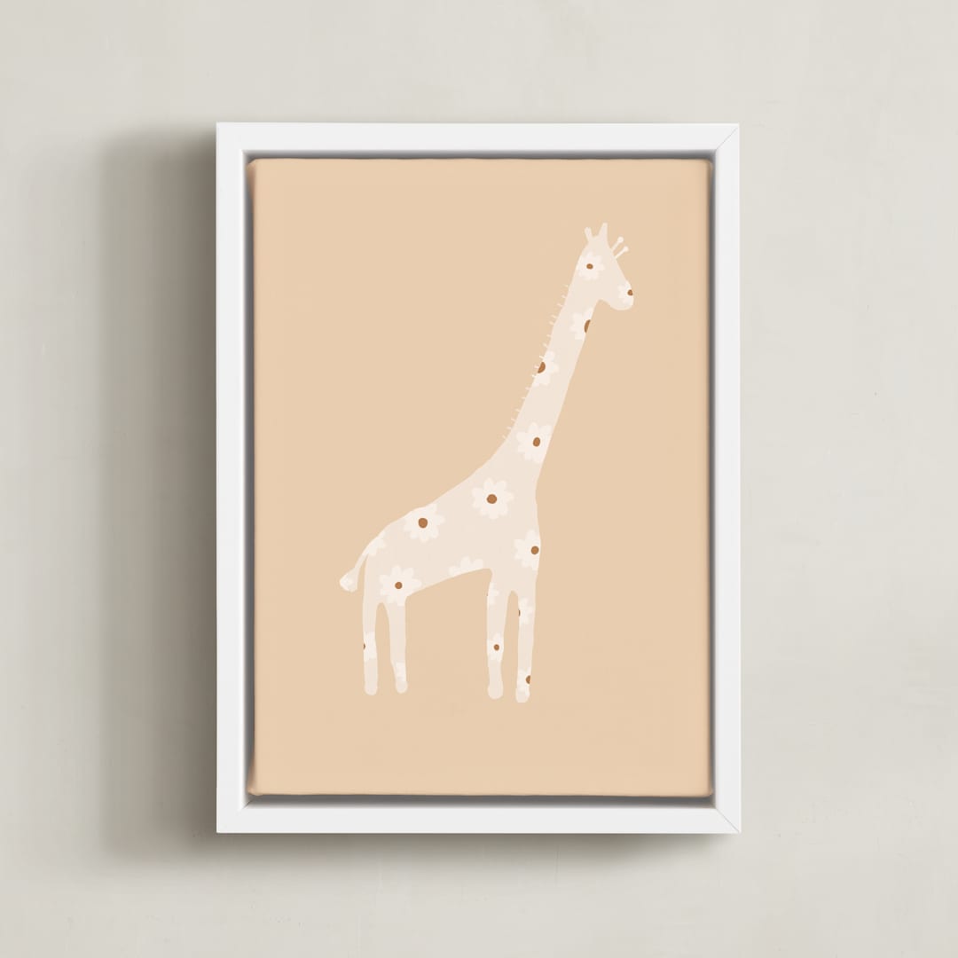 "Sweet giraffe." - Art Print in Neutral Beige by Dawn Smith - Framed Canvas