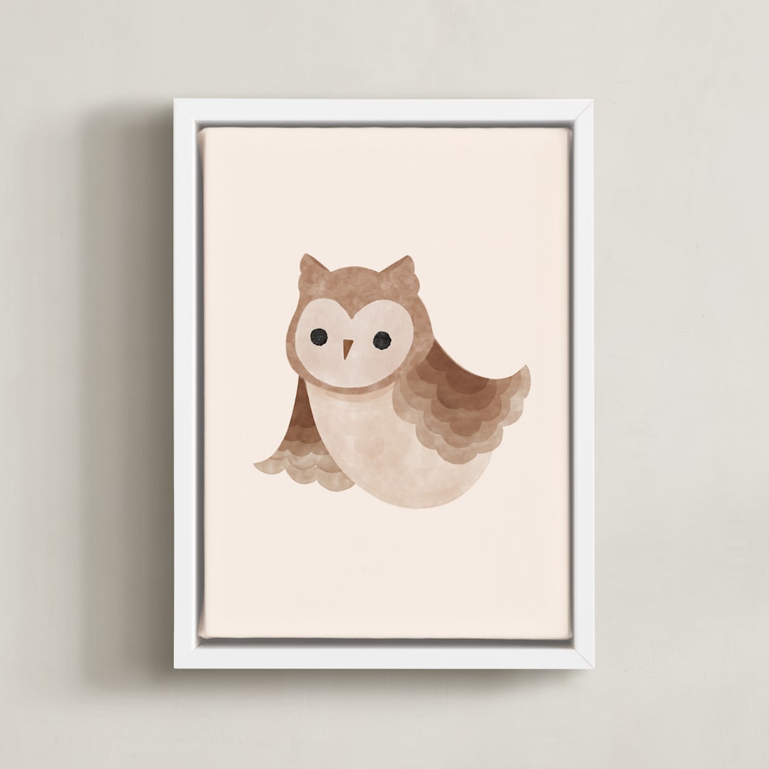 "Baby Owl" - Art Print in Beige by Vivian Yiwing - Framed Canvas