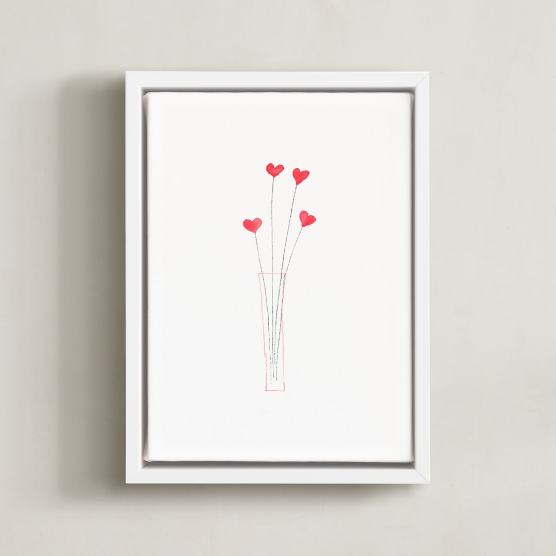 "Watercolor Heart Bouquet" - Art Print in Rose by Belia Simm - Framed Canvas