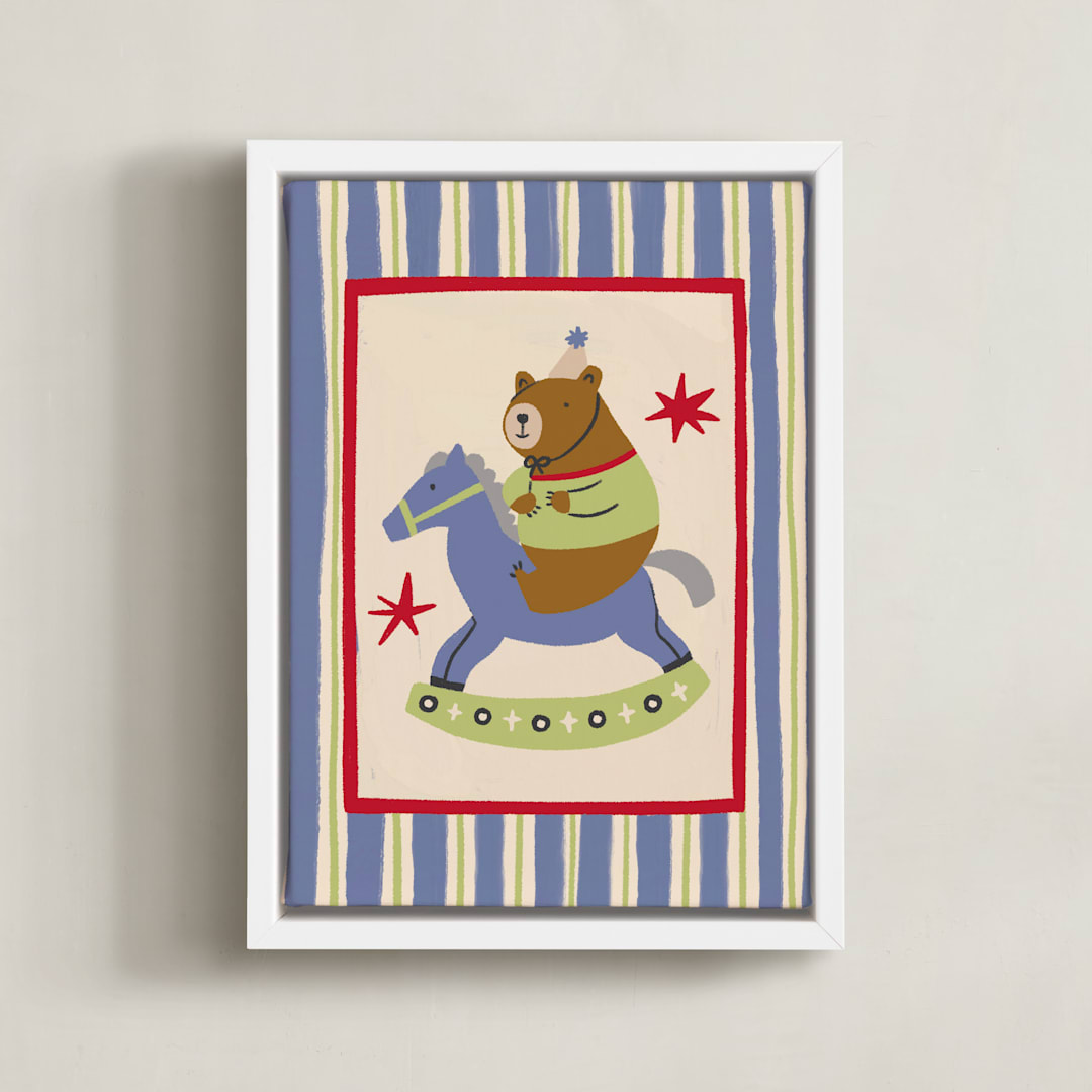 "The Bear That Riding The Rocking Horse" - Art Print in Dusty by Kartika Paramita - Framed Canvas