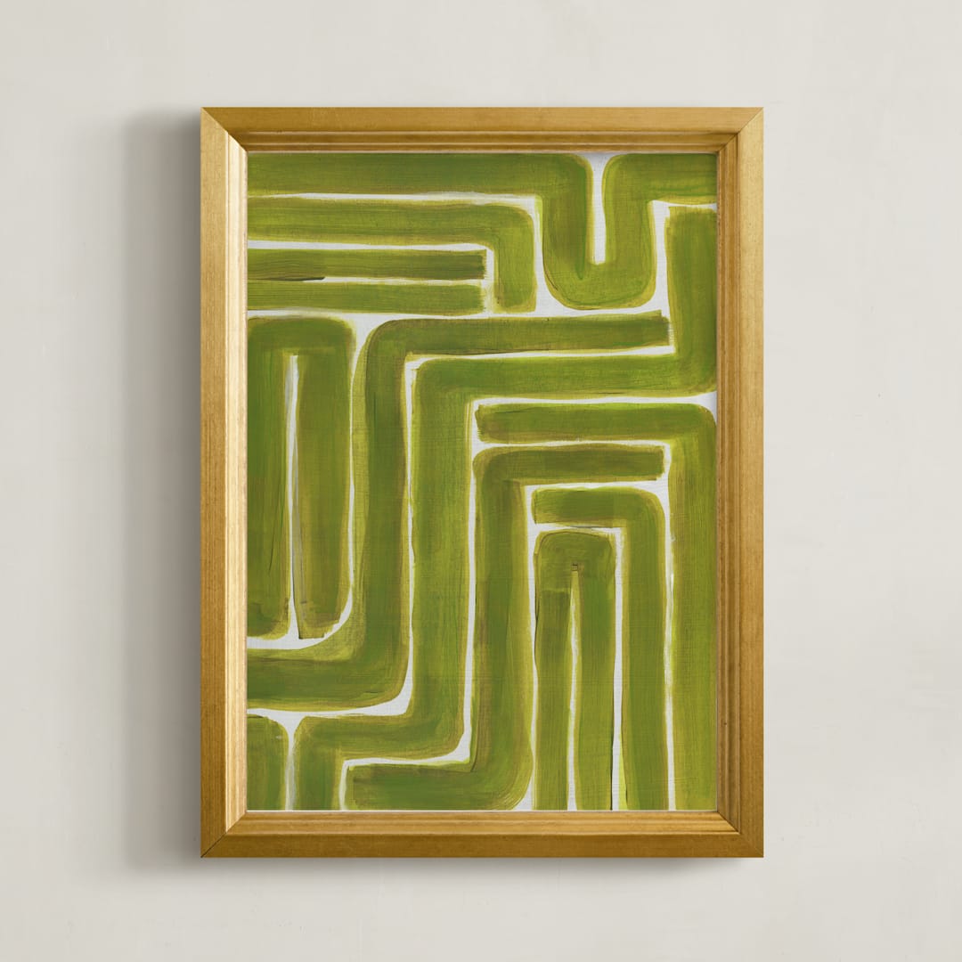 "White Green Stripes" - Art Print in Green-Gold by Lauren Rutley - Framed