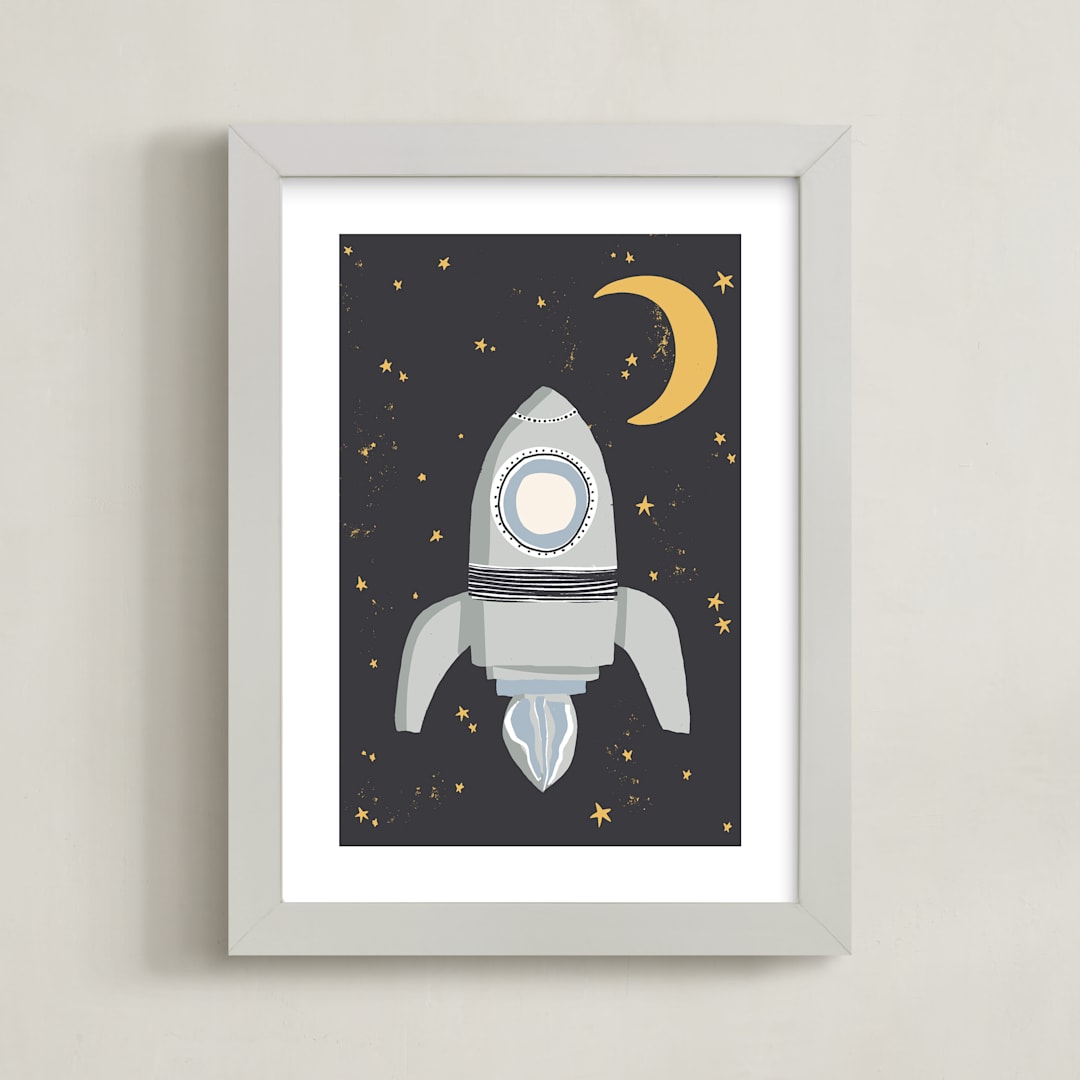 "Up in Space Rocket Ship" - Art Print in Muted Blue by Maggie Unruh - Framed