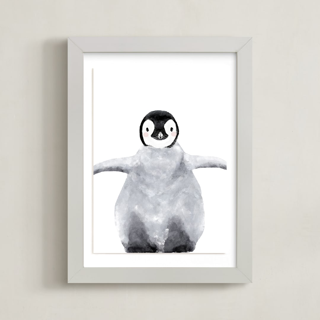 "Baby Animal Penguin" - Art Print in Antarctic Grey by Cass Loh - Framed