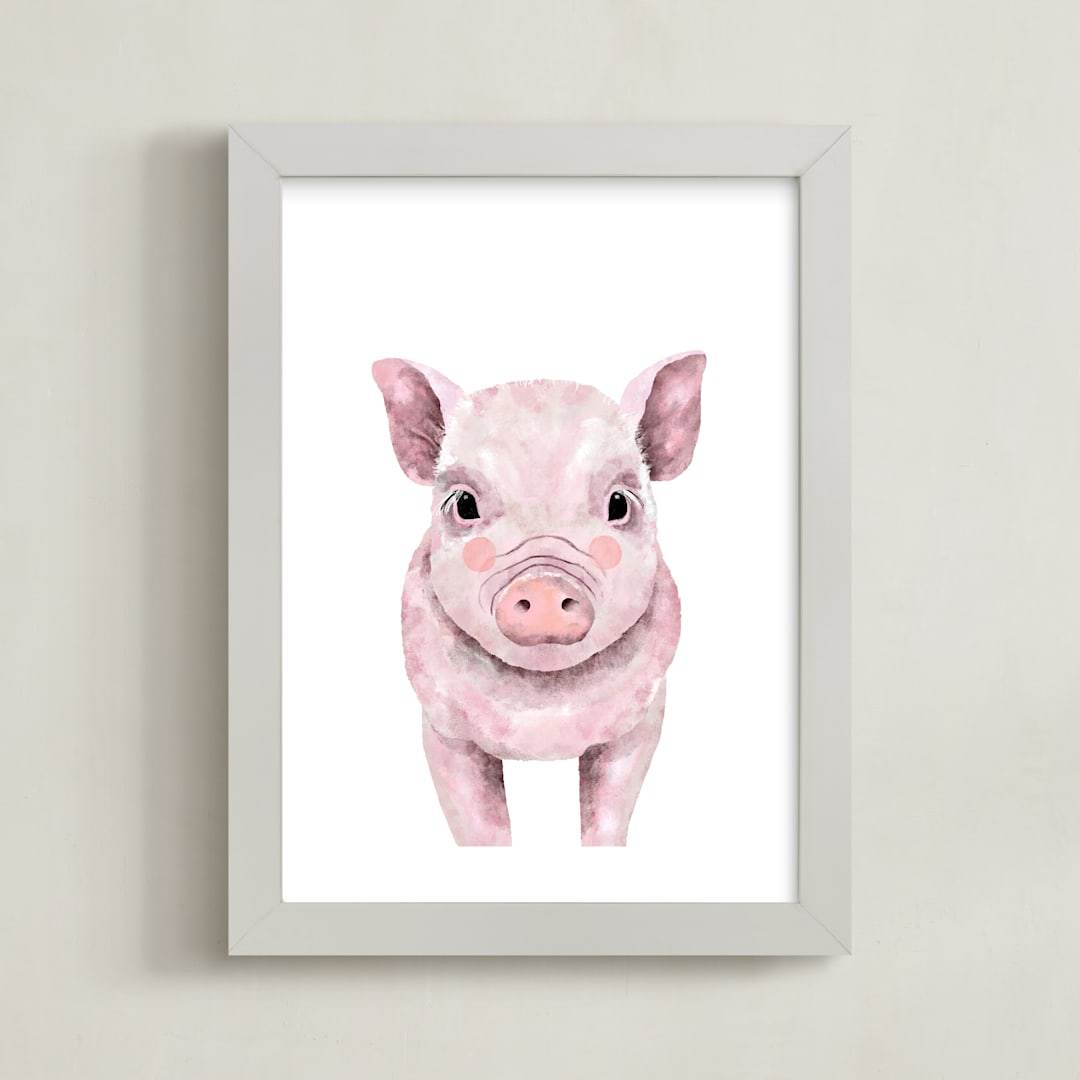 "Baby Animal Pig" - Art Print in Rosy Blush by Cass Loh - Framed