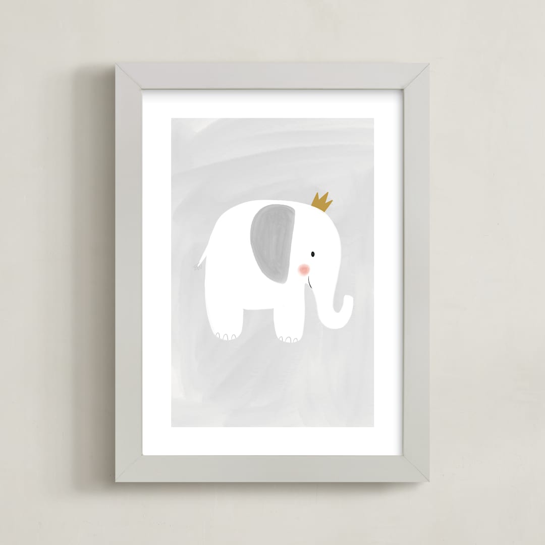 "Dream Big Elephant And Giraffe" - Art Print in Soft Grey by Patrice Horvath - Framed
