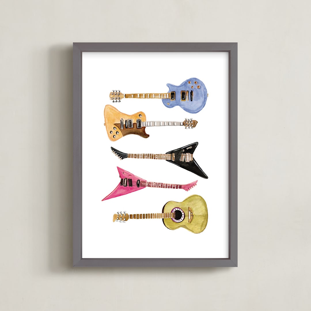"Mega Guitars" - Art Print in Fruit Punch Pink by Lisa Travis - Framed
