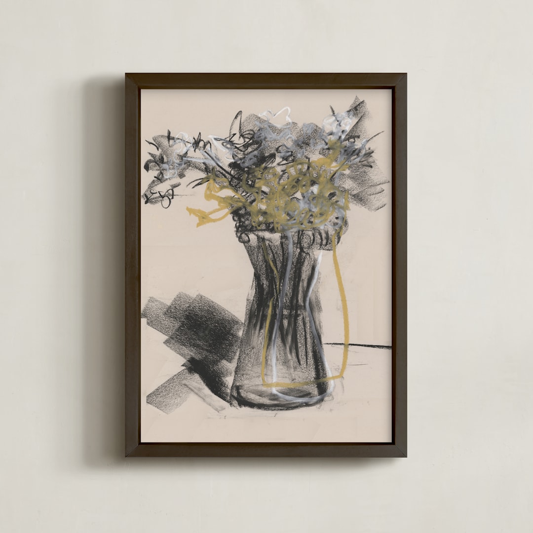 "Vase of flower gestural drawing exercise" - Art Print in exercise on gentle yellow by Bethania Lima - Framed