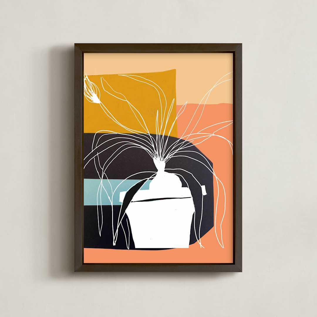 "Plant Life in White Ink" - Art Print in Peach cobbler by Deborah Velasquez - Framed