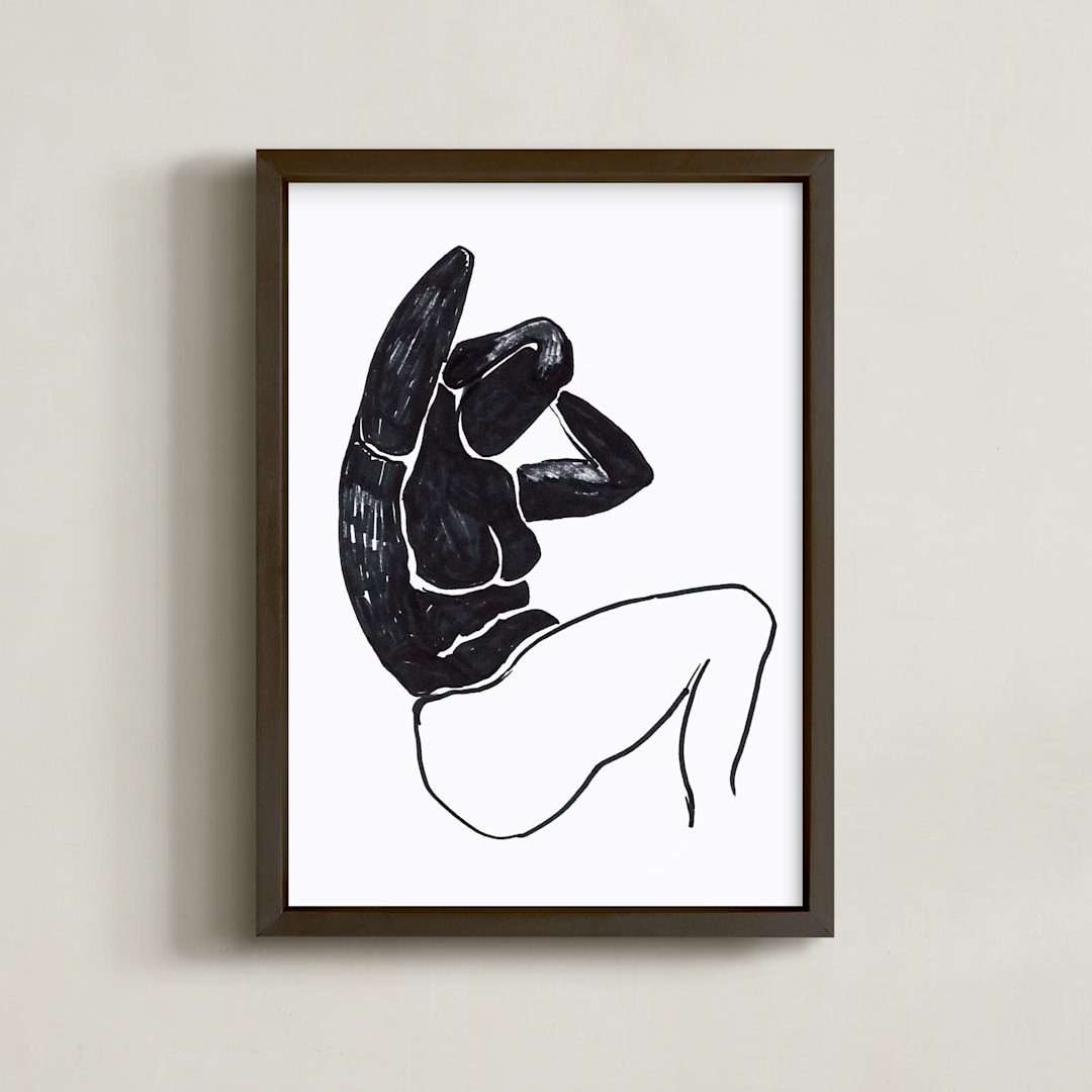 "Sitting nude" - Art Print in Black on white by Oana Prints - Framed
