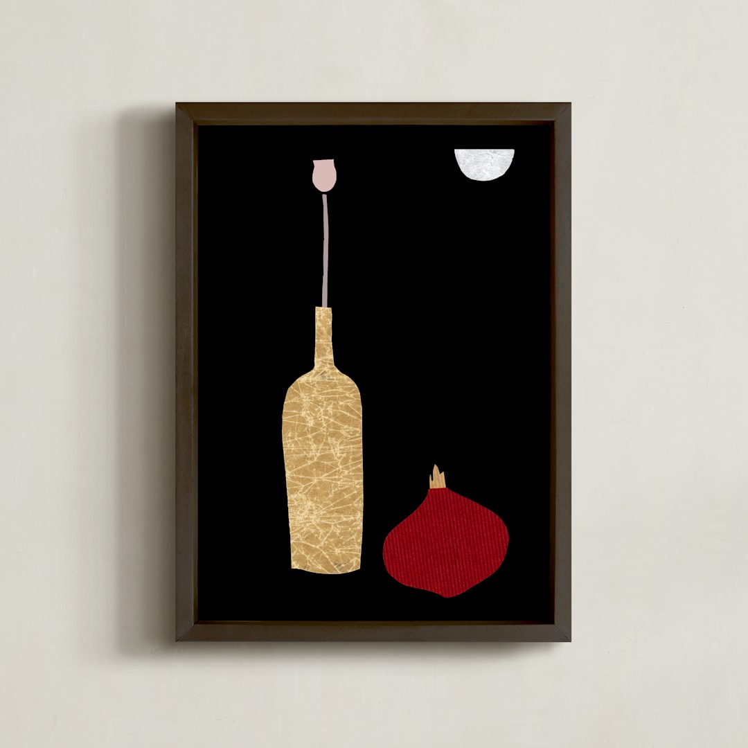 "Flower, onion, and a wine bottle" - Art Print in Red onion by Sonya Percival - Framed