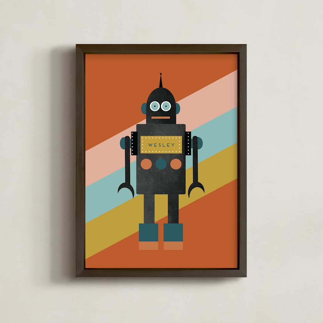 "Retro Robot" - Personalized Art Print in Pumpkin by Morgan Kendall - Framed