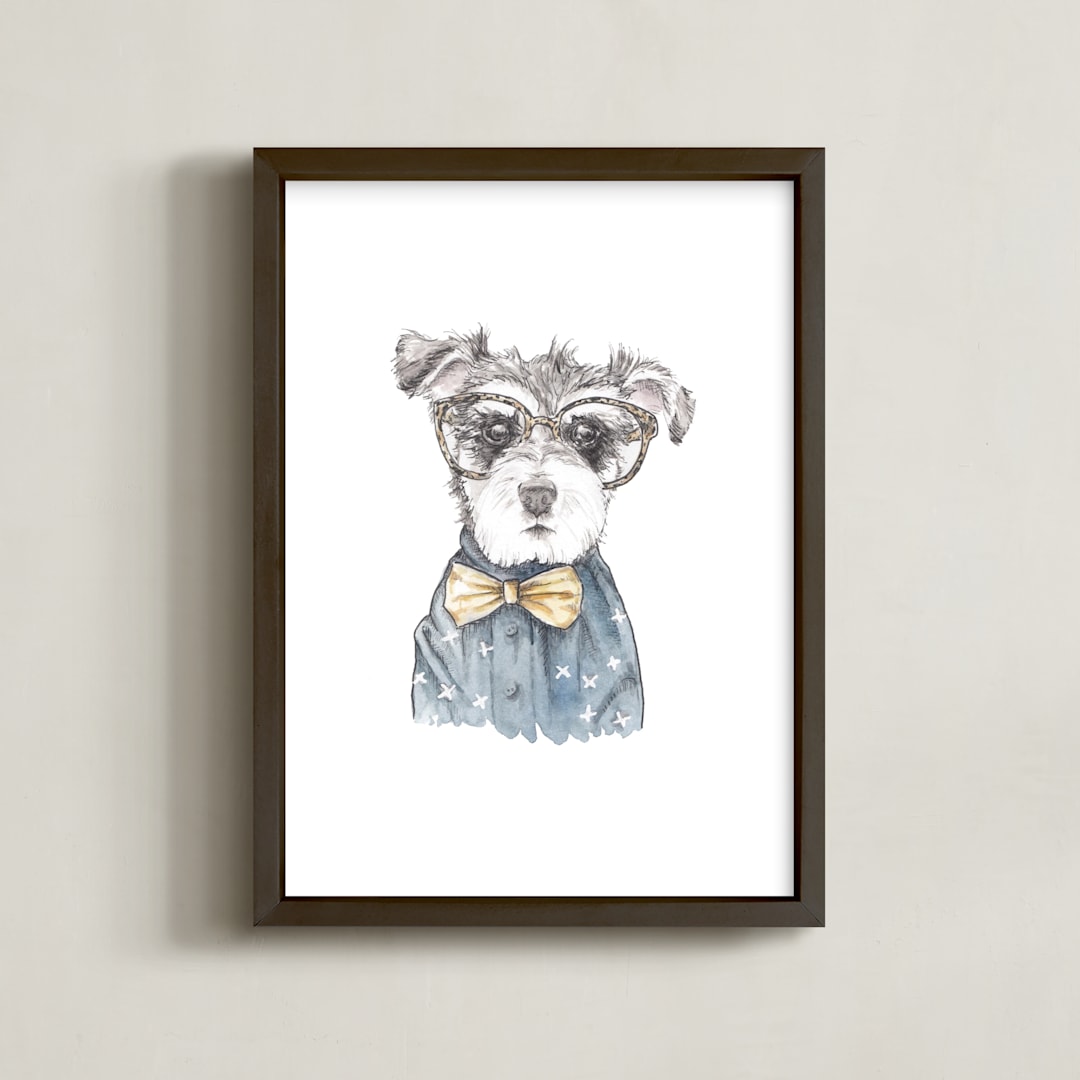 "Snazzy Schnauzer Mixed Media" - Art Print in Chambray Blue by Lauren Rogoff - Framed