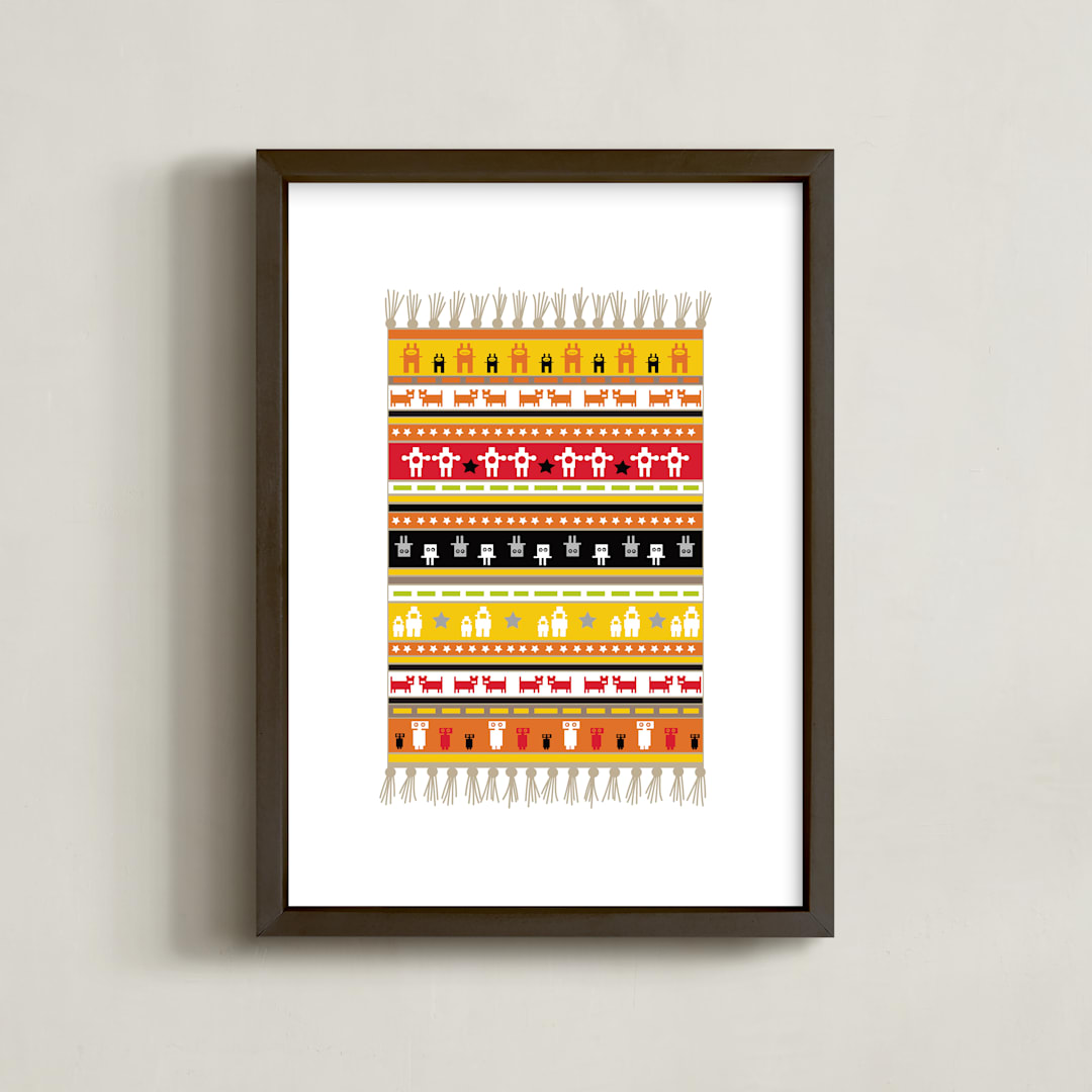 "Rustic Robot Rug" - Art Print in Mustard Yellow by Jan Shepherd - Framed