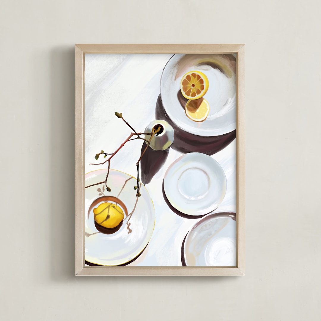 "Flatlay Lemon Study" - Art Print in Bright White by Kinga Subject - Framed