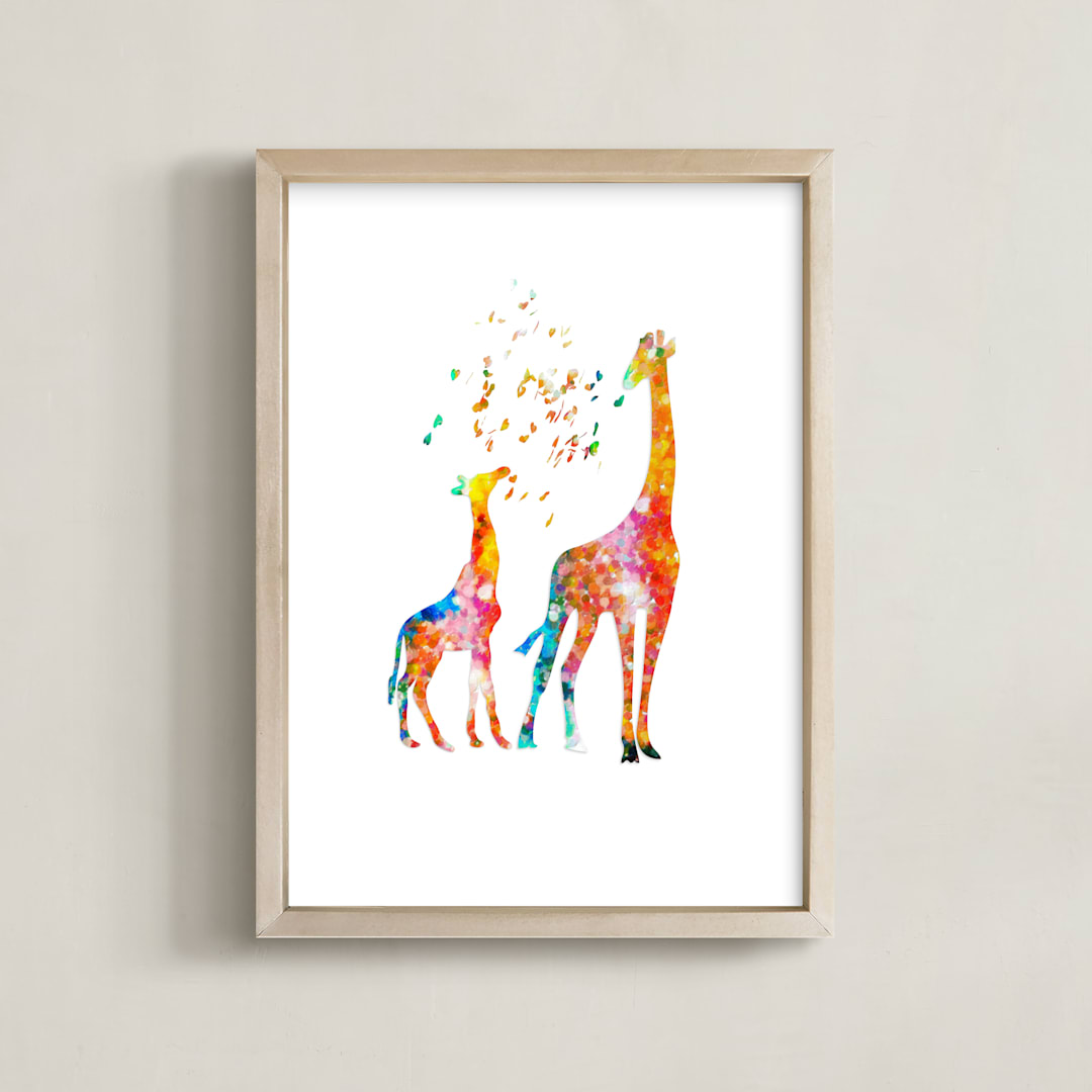 "Giraffe Mom & Baby" - Art Print in Warm & Bright by Alex Isaacs Designs - Framed