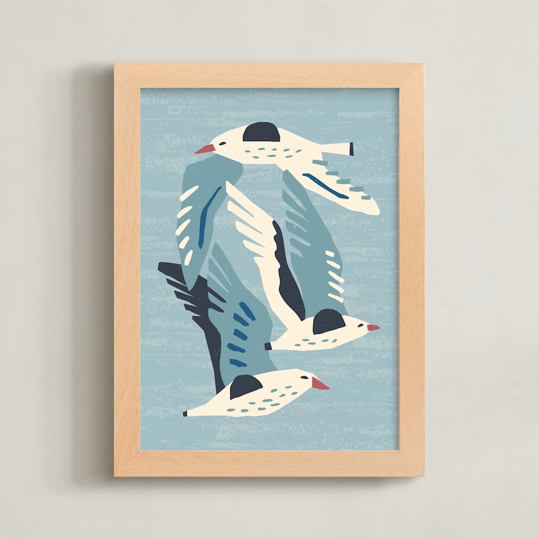 "Seagulls" - Art Print in Neutral Blue Green by Roochita Chachra - Framed