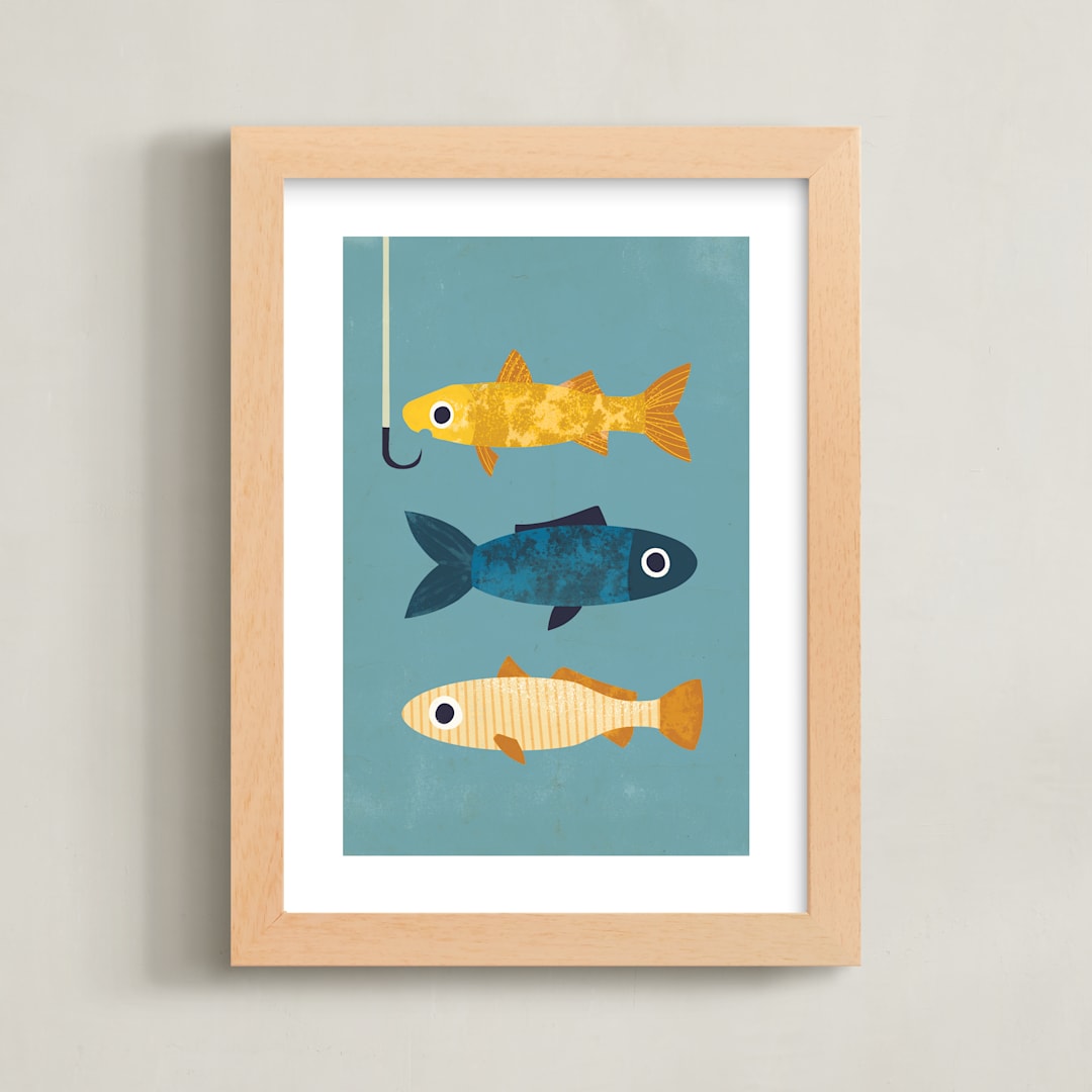 "1 Fish, 2 Fish, 3 Fish" - Art Print in Marine Blue by Laura Mitchell - Framed