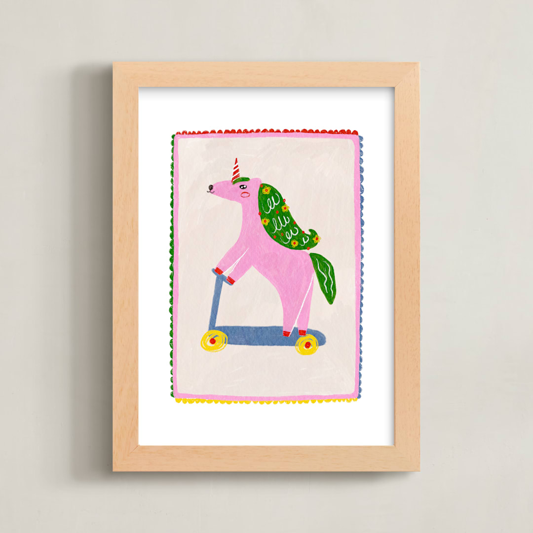 "Rollin Unicorn" - Art Print in Cherry Blossom by Kartika Paramita - Framed