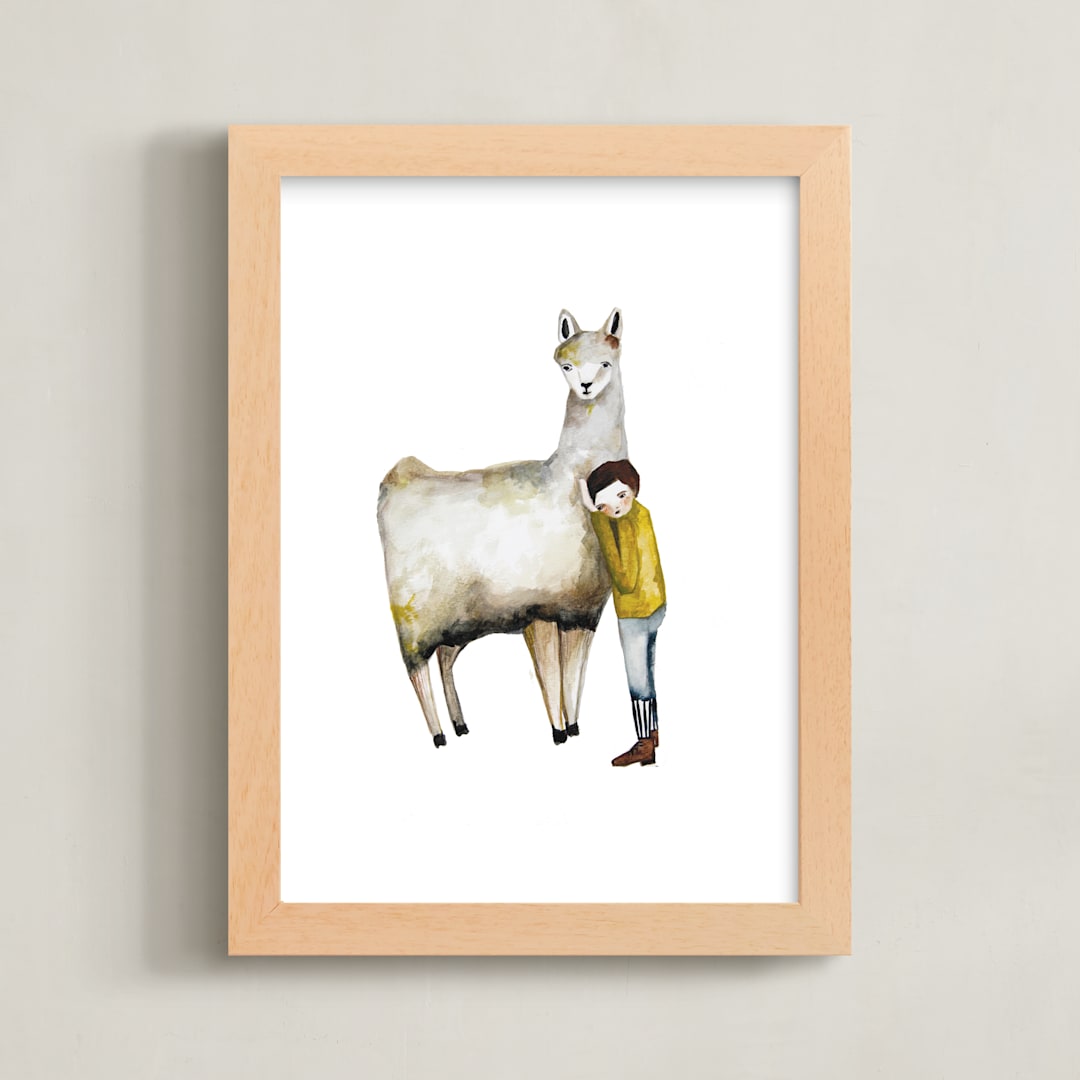 "LLama and Boy" - Art Print in Cozy Yellow by Sarah Fitzgerald - Framed
