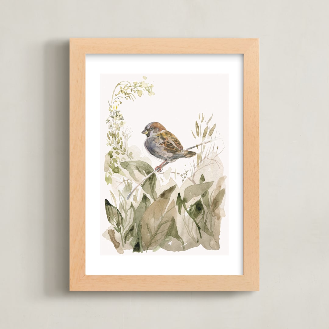 "Sparrow" - Art Print in Olive Green by Catilustre - Framed