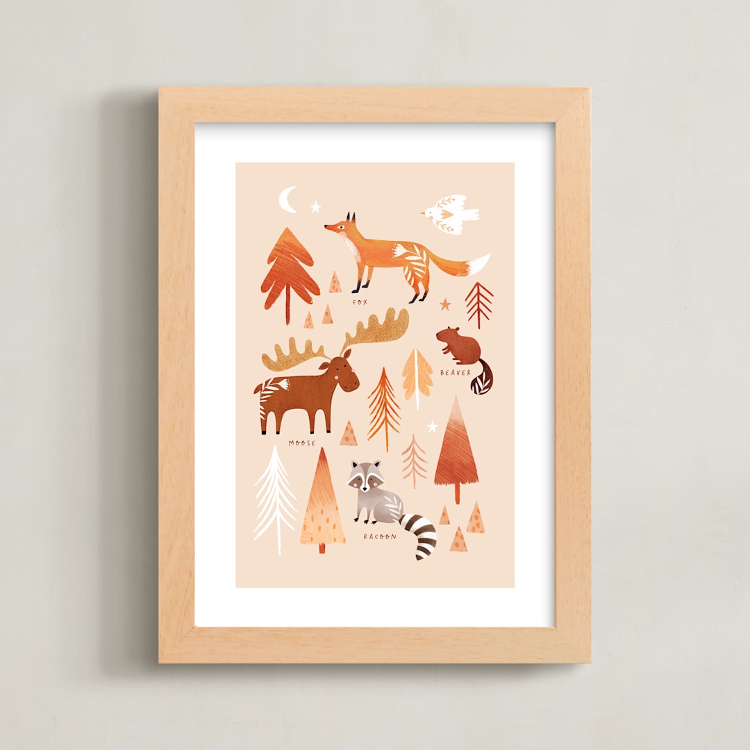 "Woodland Animals" - Art Print in Earthy Beige by Tati Abaurre - Framed