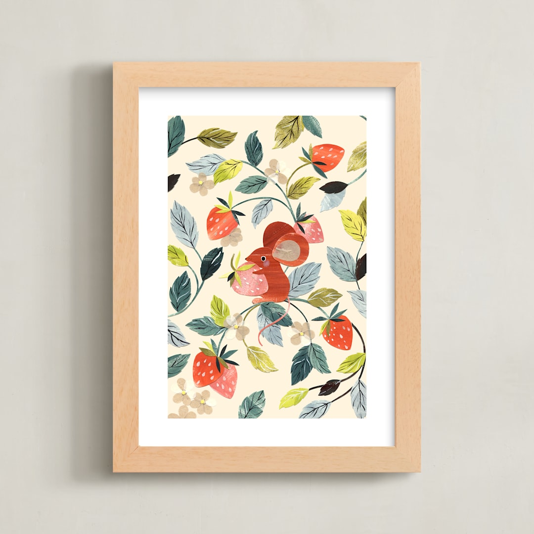 "Strawberry Thief" - Art Print in Strawberry by Sarah Knight - Framed