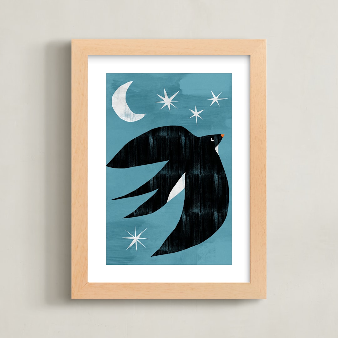 "Evening Swallow" - Art Print in Blue Teal by Mojca Dolinar - Framed