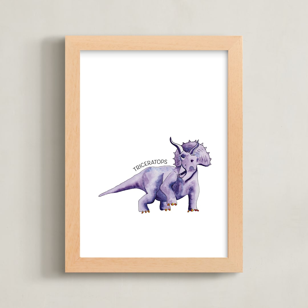 "Watercolor Dino Party Triceratops" - Art Print in Grape by Rachel Getz - Framed