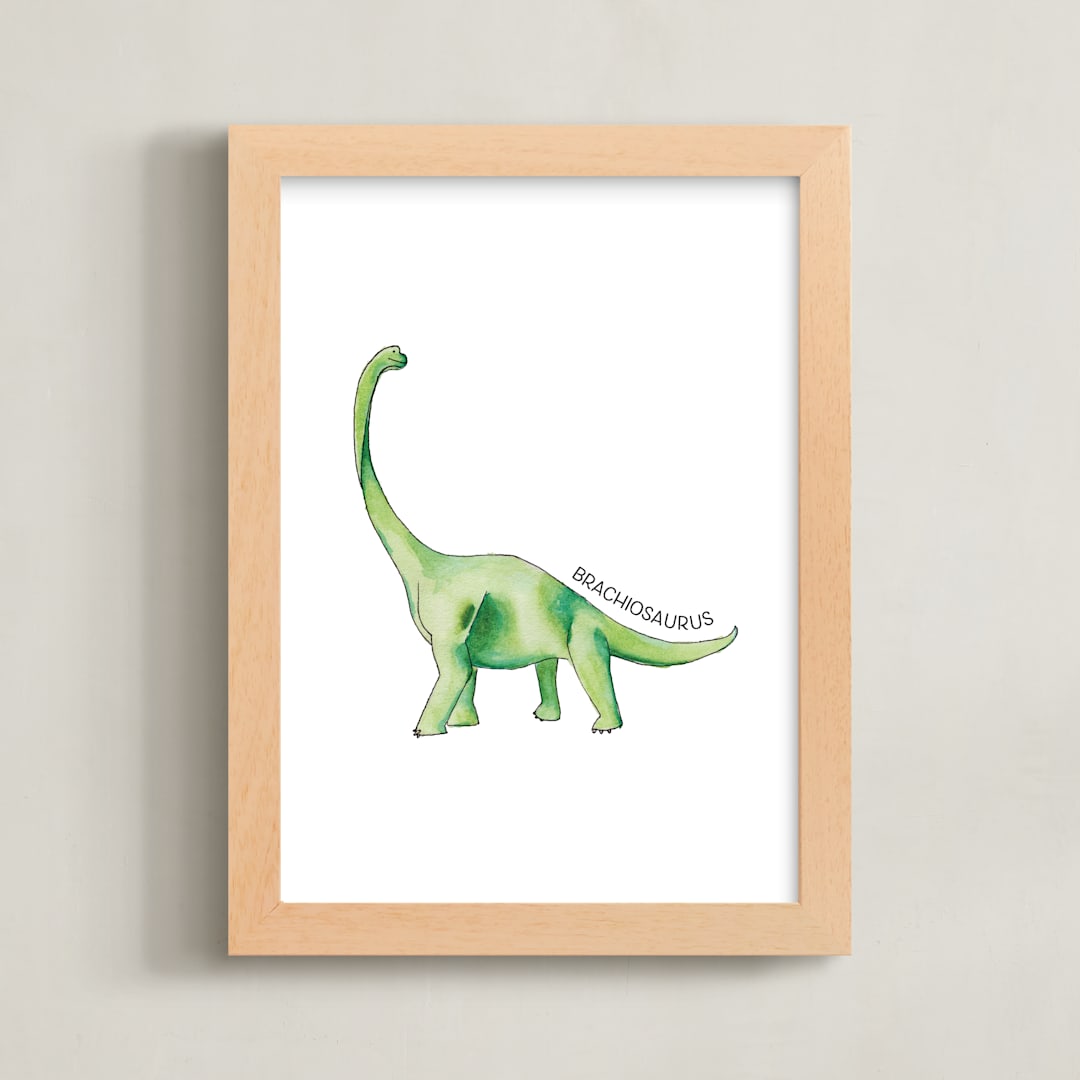 "Watercolor Dino Party Brachiosaurus" - Art Print in Leaf by Rachel Getz - Framed